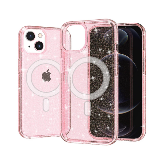 For iPhone 15 [Magnetic Circle] Compatible Glitter Ultra Thick 3mm Transparent Hybrid Case Cover - Pink