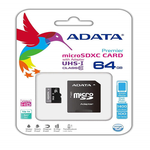 ADATA Premier 64GB microSDHC/SDXC UHS-I U1 Class 10 Memory Card with Adapter (AUSDX64GUICL10-RA1)