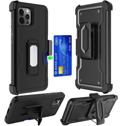 For iPhone 15 Plus CARD Holster with Kickstand Clip Hybrid Case Cover - Black