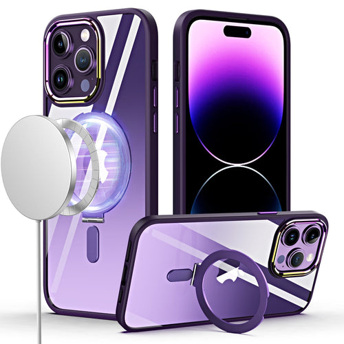 For iPhone 15 Dazzle Magnetic Ring Stand Alloy Chrome Transparent Hybrid Case Cover - Dark Purple