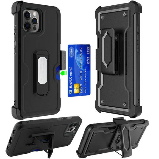 For iPhone 13 6.1 CARD Holster with Kickstand Clip Hybrid Case Cover - Black Apple iPhone 13 Black