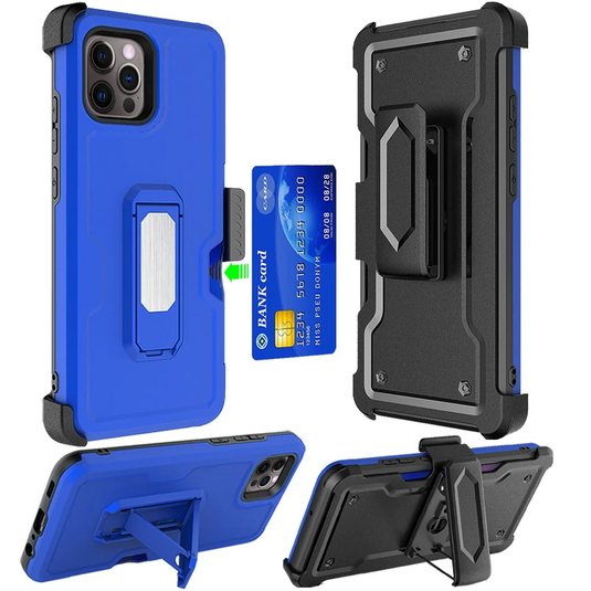 For iPhone 13 Pro Max CARD Holster with Kickstand Clip Hybrid Case Cover - Dark Blue Apple iPhone 13 Pro Max 6.7 Dark Blue