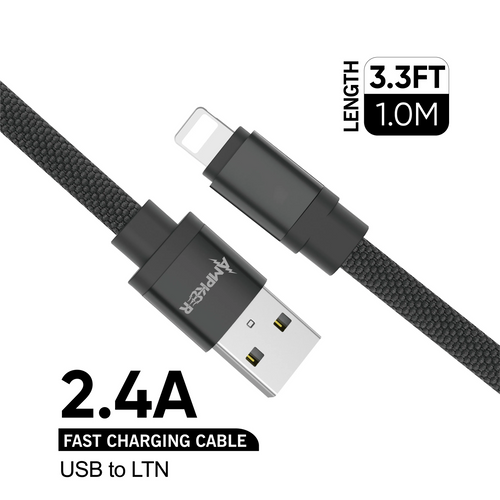 USB To Lightning Braided Cable - 3.3FT / 1M - 2.4A - Black  Black