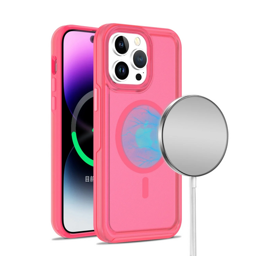 For Apple iPhone 14 6.1 [Magnetic Circle] Compatible Glossy Oil Premium Hybrid Case Cover - Hot Pink