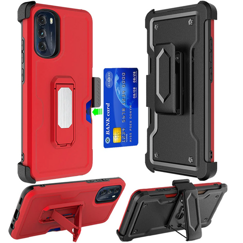 For Apple iPhone 14 6.1 CARD Holster with Kickstand Clip Hybrid Case Cover - Red Apple iPhone 14 Red