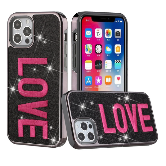 For iPhone 13 6.1 Embroidery Bling Glitter Chrome Hybrid Case Cover - Love on Black Apple iPhone 13 Love on Black