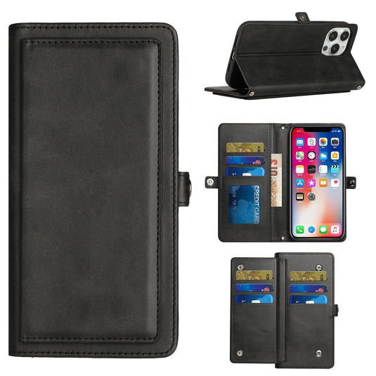 For iPhone 15 Pro Max / Ultra Wallet Premium PU Vegan Leather ID Multiple Card Holder Money with Strap - Black